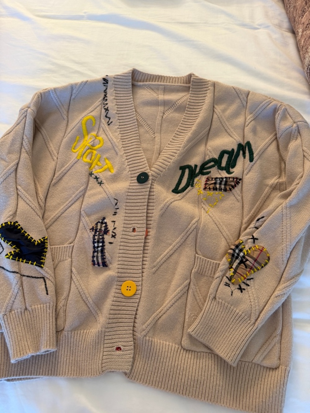 Beige Patchwork Embroidered Cardigan - 'Dream' & 'Sport' Detail